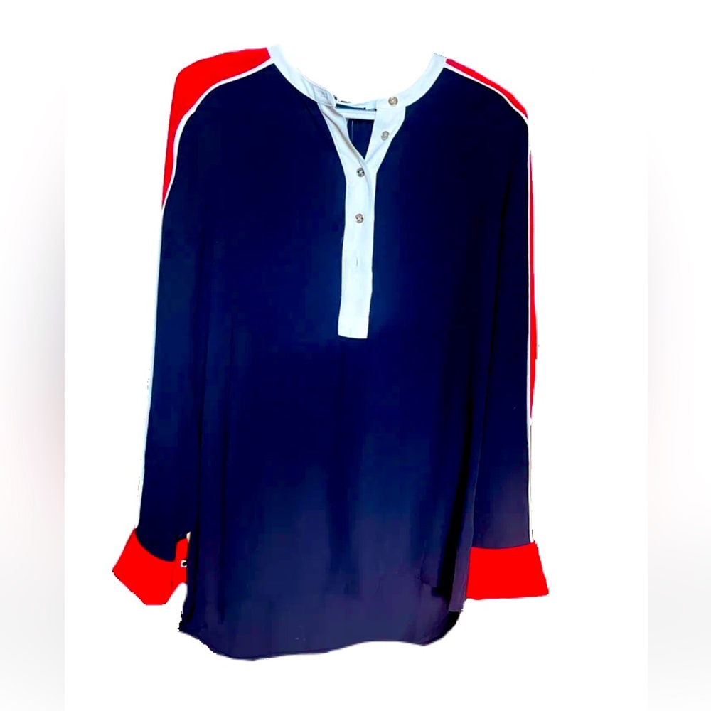 NEW WITH TAG Tommy Hilfiger Navy Blouse with Red Shoulder Stripes - Size S